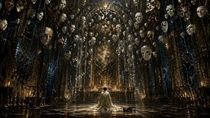 Surreal Gothic Hall with Floating Masks – GPT Image 2 prompt by のうめん🏗️👺生成AIパスポート認定取れた