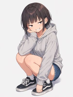 Fille anime accroupie dans un sweat à capuche oversize – GPT Image 2 prompt by みちアキ