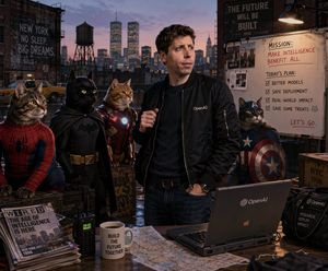 ซีอีโอสายเทคยุคเรโทรกับเหล่าแมวซูเปอร์ฮีโร่ – GPT Image 2 prompt by appcaster