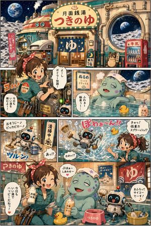 Page de manga comique sur le bain public lunaire – GPT Image 2 prompt by 猫おじ