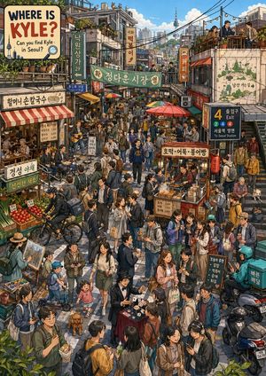 Trouvez Kyle dans un marché de Séoul – GPT Image 2 prompt by Flow 영어연구소