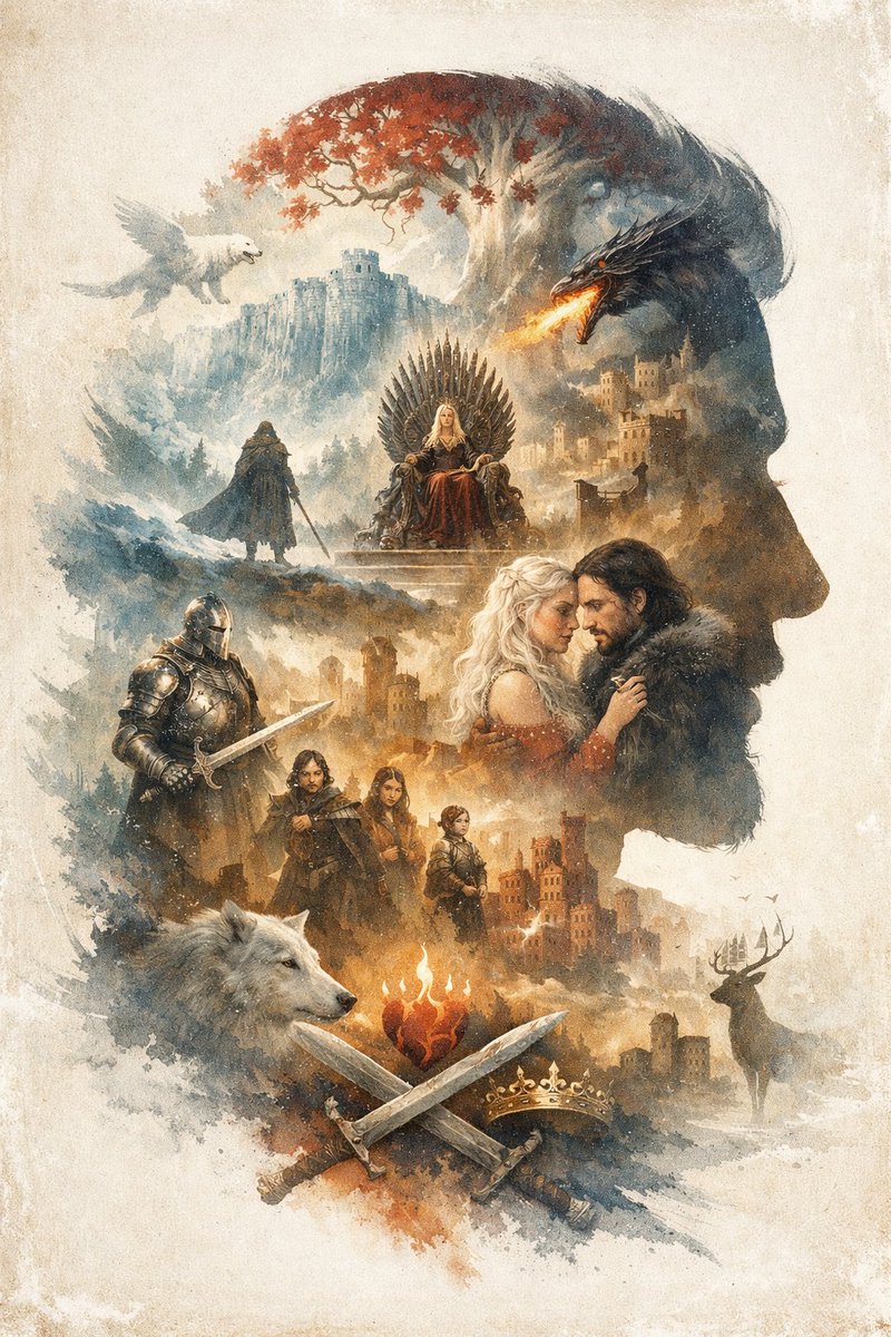 An {argument name="overall theme" default="epic fantasy"} illustration utilizing a {argument name="art style" default="watercolor and ink wash double exposure"} technique on a vintage parchment background. The overall composition forms the {argument name="main silhouette subject" default="right-facing profile of a man's head"}. Inside this silhouette is a complex montage of scenes and characters. At the top, a white tree with red leaves stands near a cliffside castle, with a white winged creature flying on the left and a black dragon breathing fire on the right. Below this, a blonde woman sits on a throne made of swords, while a cloaked figure stands on a hill nearby. In the center right, a romantic couple consisting of a blonde woman and a dark-haired man in a fur collar gaze at each other. To their left stands a knight in full plate armor holding a sword. Below them is a group of 3 figures: a man, a young woman, and a child. At the bottom, a large white wolf head is on the left, and a stag stands near a castle on the right. In the bottom center, a flaming heart hovers above 2 crossed swords and 1 golden crown. The {argument name="dominant color palette" default="muted earthy tones with splashes of red and orange"} creates a dramatic, legendary atmosphere.