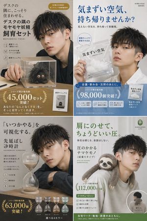 Grille publicitaire japonaise pour produits de style de vie absurdes – GPT Image 2 prompt by た〜や｜AI副業ワーママ