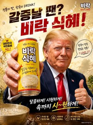 Affiche publicitaire parodique pour boisson au riz coréenne – GPT Image 2 prompt by Conservative🇰🇷🇺🇸🇯🇵