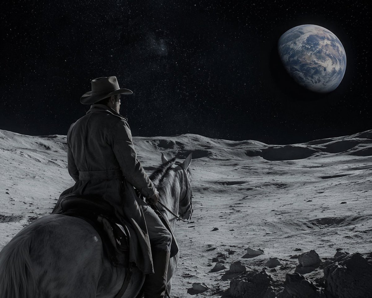 Sci-fi western scene of a lone cowboy standing on the lunar surface beneath an oversized moon and starfield