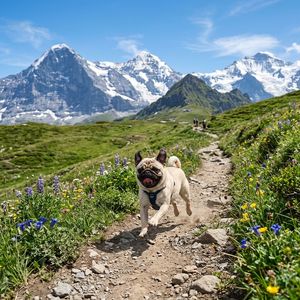 Mops beim Laufen auf einem alpinen Wanderweg – GPT Image 2 prompt by Hasan Toor