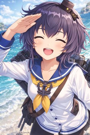 Fille-navire style anime faisant un salut sur la plage – GPT Image 2 prompt by グリグリ＠ゲーム・艦これ