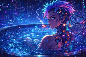 Personnage d'anime cyberpunk dans une baignoire néon – GPT Image 2 prompt by Binary Rot