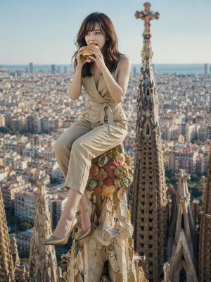 ภาพพอร์ตเทรตรับประทานอาหารบนแลนด์มาร์คสุดเซอร์เรียล – GPT Image 2 prompt by kuripon