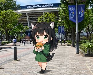 Chibi Catgirl at Yokohama Stadium – GPT Image 2 prompt by すこみ