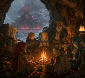 Accampamento fantasy davanti a una montagna cremisi – GPT Image 2 prompt by 引力弹弓
